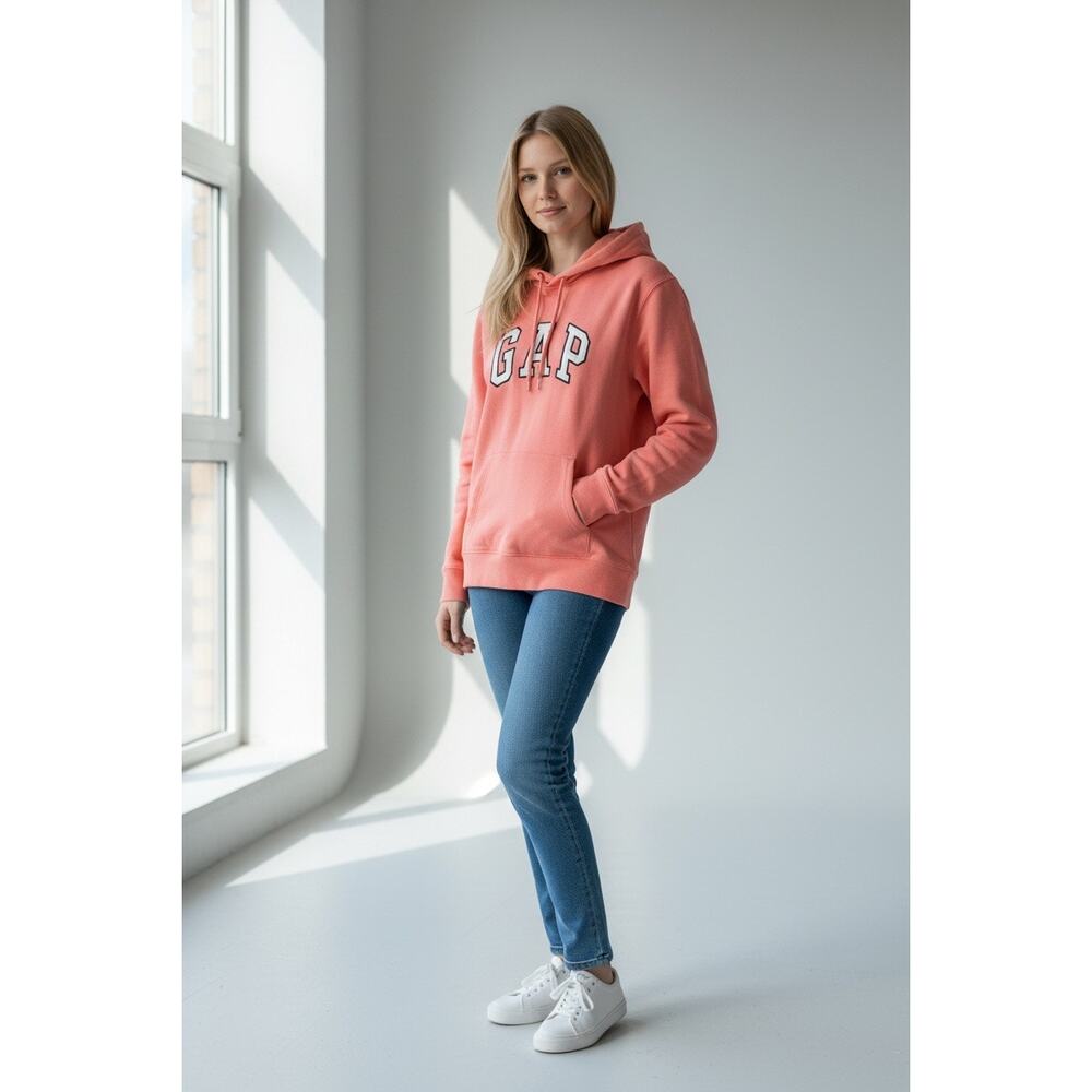Vintage GAP Stretch Hoodie XL Coral Pink Logo Sweatshirt Retro Athleisure - Picture 3 of 12